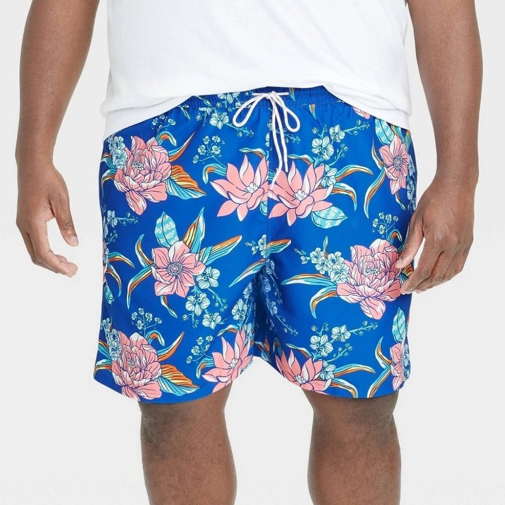 NWT Men's LG 7" E-Waist Swim Shorts Hawaiian Tropical Lined Trunks Beach